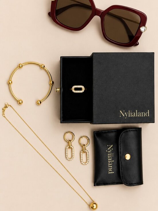 Jewelry - Nylialand Gold Jewelry Bundle & Red Oversized Sunglasses Set